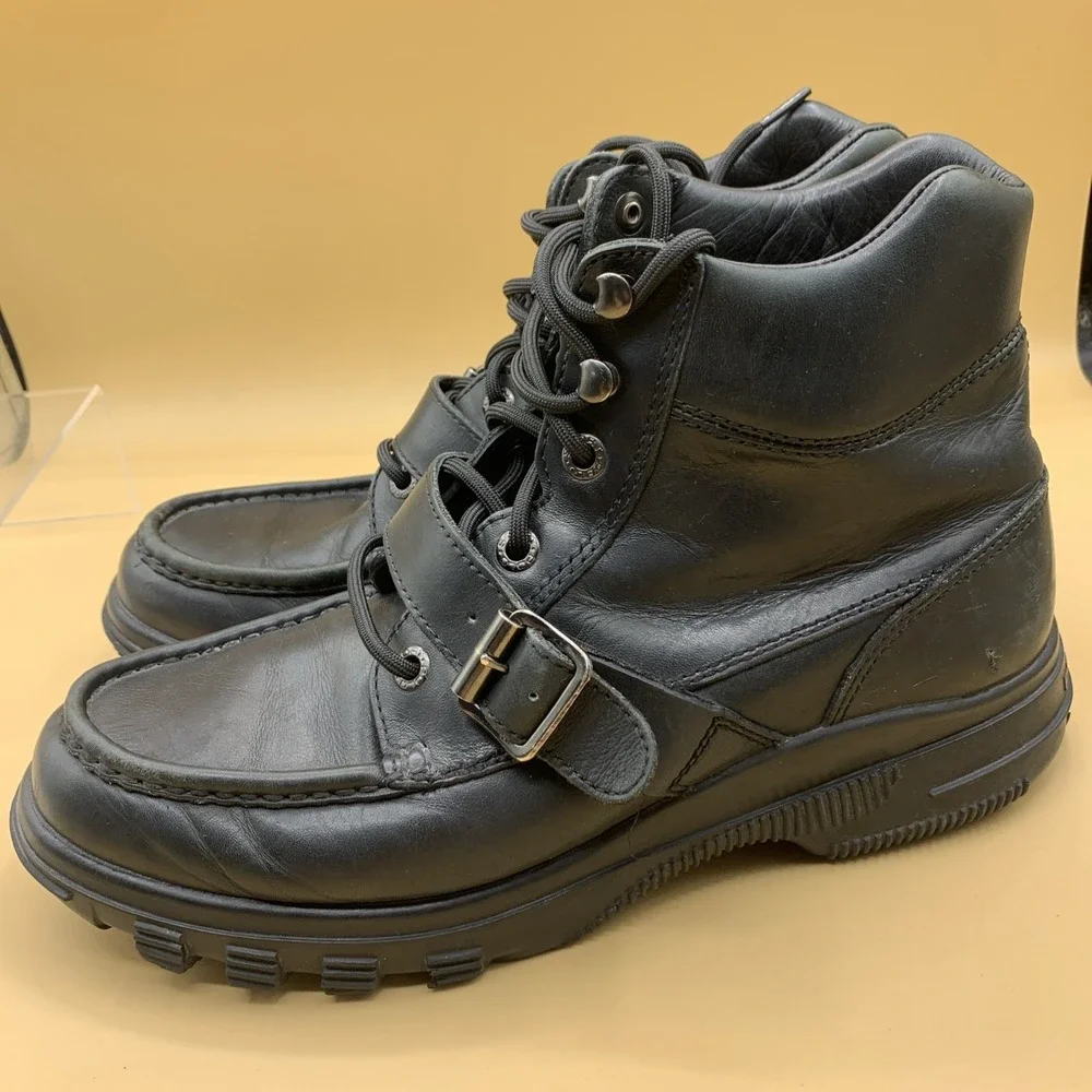 VTG Polo Sport Ralph Lauren Men's Boots Buckle/Lace Black Leather - Size 11D